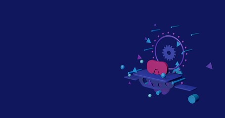 Pink diving goggles symbol on a pedestal of abstract geometric shapes floating in the air. Abstract concept art with flying shapes on the right. 3d illustration on indigo background