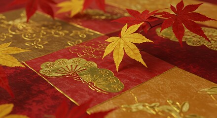 Autumnal design with gold and red patterns and leaves.