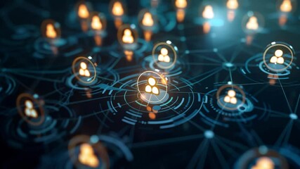 An abstract digital representation shows interconnected user icons, symbolizing a global social network, communication, or human resources management.