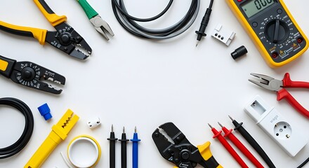 electrician equipment on white background with copy space. top view