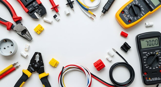 electrician equipment on white background with copy space. top view