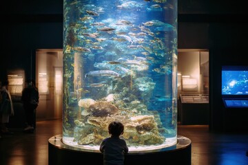 Young Child Gazes in Awe at a Large Aquarium Filled with Colorful Fish, Marine Life, and Beautiful Coral, Capturing a Moment of Wonder and Exploration in an Underwater World