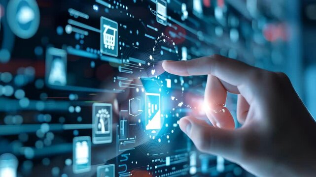 A human finger is touching a glowing digital interface with various icons, symbolizing interaction with technology, smart services, or a future-oriented application.