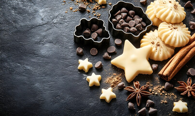 Overhead View of Festive Cookies, Chocolate Chips, and Spices on