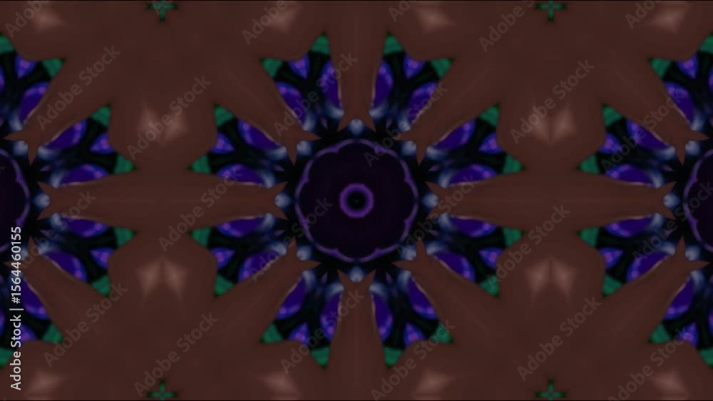 Poster abstract kaleidoscope pattern featuring intricate shapes and dark colors, creating a mesmerizing vis