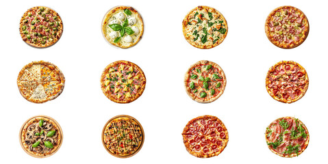 different pizzas images shots on transparent background