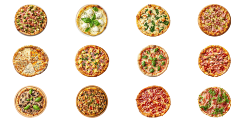 different pizzas images shots on transparent background