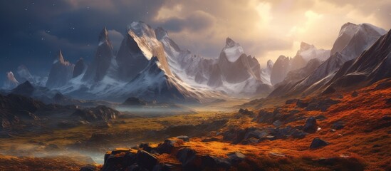 Majestic mountain peaks touch the sky, showcasing a breathtaking sunrise and sunset over a snow-covered winter landscape with clouds and glaciers
