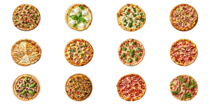 different pizzas images shots on transparent background
