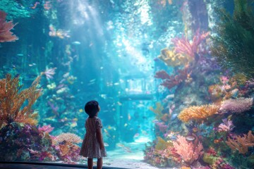 Young Child Observing Vibrant Aquarium Landscape Filled with Colorful Corals, Underwater Plants, and Diverse Fish Species in Bright, Natural Light