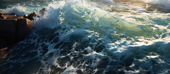 Blue ocean waves crash on sunlit rocks