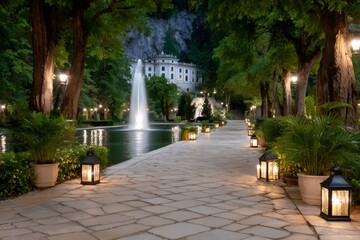 Obraz premium Lanterns illuminating path to mansion with fountain at twilight