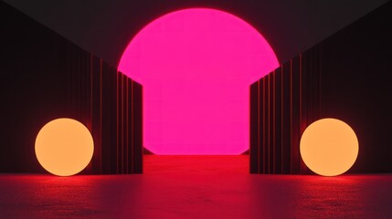 Abstract Pink Portal with Orange Spheres and Dark Architecture