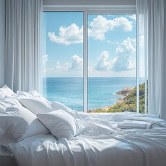 Summer interior background with white pillows on a bed positioned near a large window offering a stunning sea view. Interior design of a modern bedroom, Generative AI