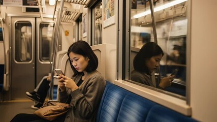 Woman using smartphone on a commuter train modern transit scene - Powered by Adobe