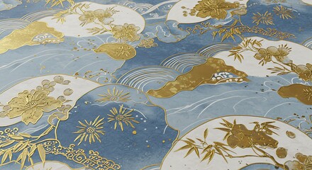 Intricate floral and bamboo pattern on a light blue background with gold accents.