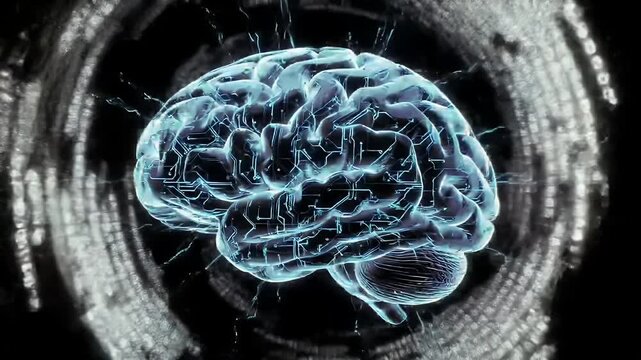3D animation of a floating AI brain core made of interconnected glowing circuits, suspended in zero gravity and surrounded by digital pulse waves.

