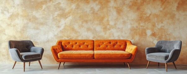 Terra cotta sofa and grey lounge chairs positioned against a beige stucco wall. Interior design of a modern living room, Generative AI