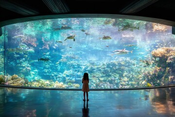 Young Girl Observing Vibrant Underwater Scene at an Aquarium, Engaging with Marine Life Through a Stunning Viewing Window Full of Colorful Ocean Creatures and Coral Reefs
