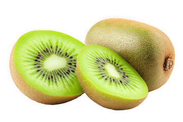 High resolution fresh kiwi fruit slice and whole with seeds healthy food nutrition vitamins isolated on transparent background