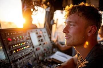 Young male pilot in the cockpit during sunset, focused on controls and navigation, displaying determination and expertise in aviation, highlighting the beauty of flight.