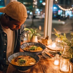 Young man enjoying a delicious bowl of ramen noodles in a cozy restaurant setting with warm lighting and soft ambiance, capturing a moment of culinary delight and relaxation.