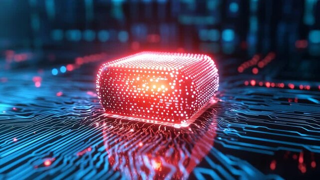 A glowing red computer chip sits on a dark blue circuit board, representing advanced technology and processing power.