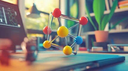 Colorful Molecular Structure on Desk with Laptop, Plant, and Soft Lighting