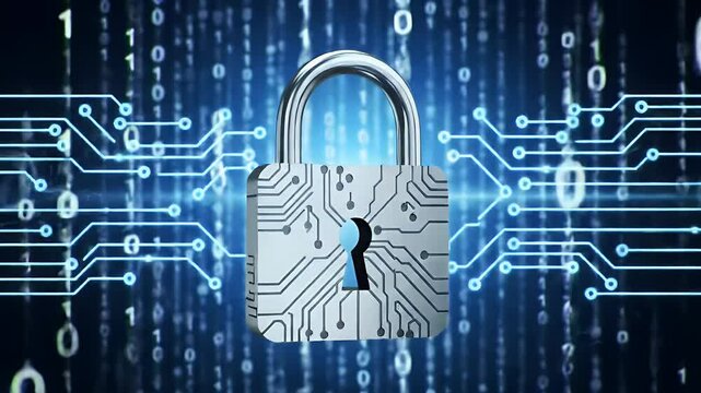 Loopable animation of a digital padlock rotating with circuits and binary code flowing behind it &mdash; representing data protection.

