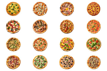 Delicious pizzas set menu on transparent background