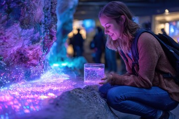 Young woman admires glowing particles in a clear container while sitting by a vibrant, illuminated rock formation in a public space, encapsulating wonder and enthusiasm.