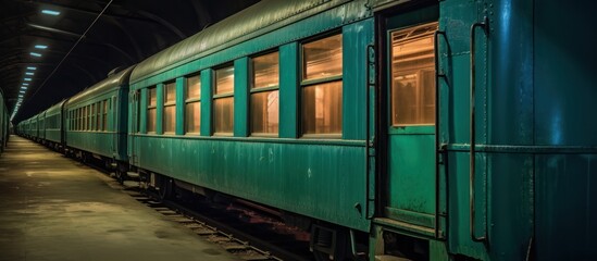 Vintage red public transport train in motion, speeding through the city station on the railway