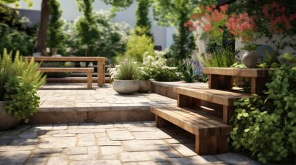 Wooden garden furniture with chairs and a table on a garden path surrounded by summer flowers and trees, perfect for outdoor relaxation