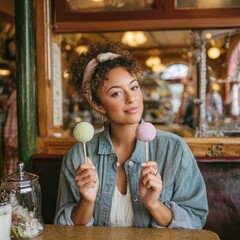 Young woman enjoying colorful ice cream treats inside a cozy vintage cafe, smiling and having fun while savoring her sweet dessert with friends nearby.