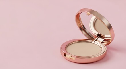 A rose gold powder compact with an open mirror sits on a soft pink background
