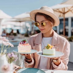 Young woman enjoying summer desserts outdoors at a stylish café with vibrant cakes, sunglasses, and a fashionable outfit, surrounded by a joyful atmosphere and beautiful scenery.