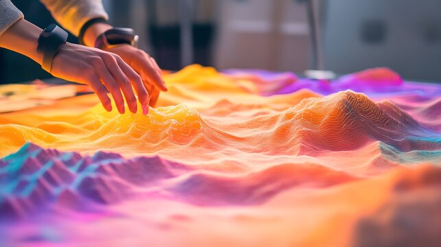 Hands Interacting with a Luminous 3D Topographical Data Map.
