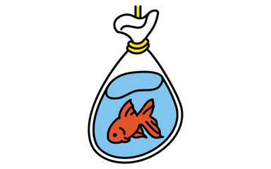 金魚すくいですくった金魚のシンプルな線画イラスト、夏のアイソメトリックイラスト