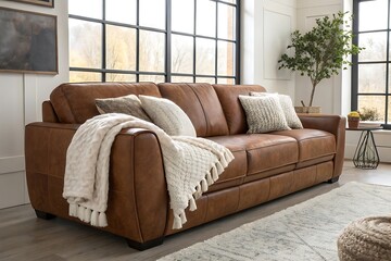 Fototapeta premium Brown leather sofa with pillows and throw blanket