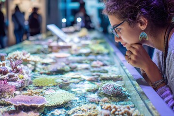 Young Woman Observing Vibrant Corals in Aquarium with Curiosity and Wonder, Immersed in Marine Life and Underwater Ecosystem, Captivating Marine Colors and Textures