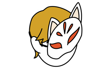 狐のお面をかぶった子どものシンプルな線画イラスト、夏のアイソメトリックイラスト