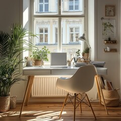 Fototapeta premium Home workplace with a writing desk and a white chair positioned near a window. Interior design of a modern Scandinavian home office, Generative AI