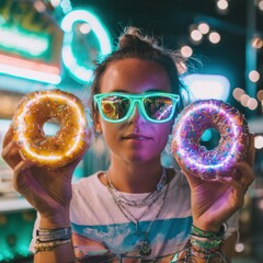 Young woman wearing sunglasses holds glowing donuts in a vibrant, colorful environment with bright lights and festive atmosphere, enjoying a fun and modern lifestyle