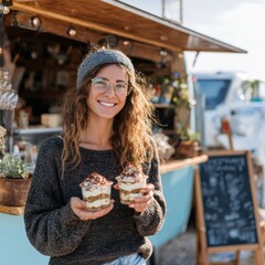 Young woman with curly hair holds delicious parfaits at outdoor market stand surrounded by rustic decor and bright natural light in a vibrant atmosphere