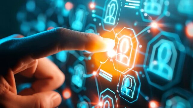 A finger touches a glowing holographic network of connected user icons, representing digital social networking, human resources, or a global virtual community.