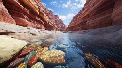 View of a canyon with clear water flowing over colorful rocks and a blue sky with white clouds above