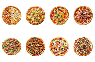 Variety of pizzas with different ingradients on transparent background