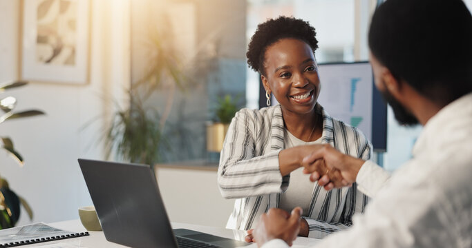 Collaboration, handshake and smile with business black people in office for agreement or success. Partnership, thank you and welcome with employee team shaking hands at work for bonus or promotion - Powered by Adobe