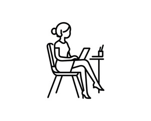 Woman working on laptop at desk  minimalist line art