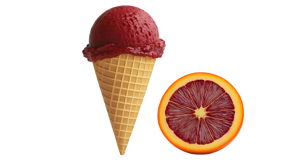 A scoop of red ice cream rests atop a waffle cone, complemented by a blood orange slice on a transparent background.